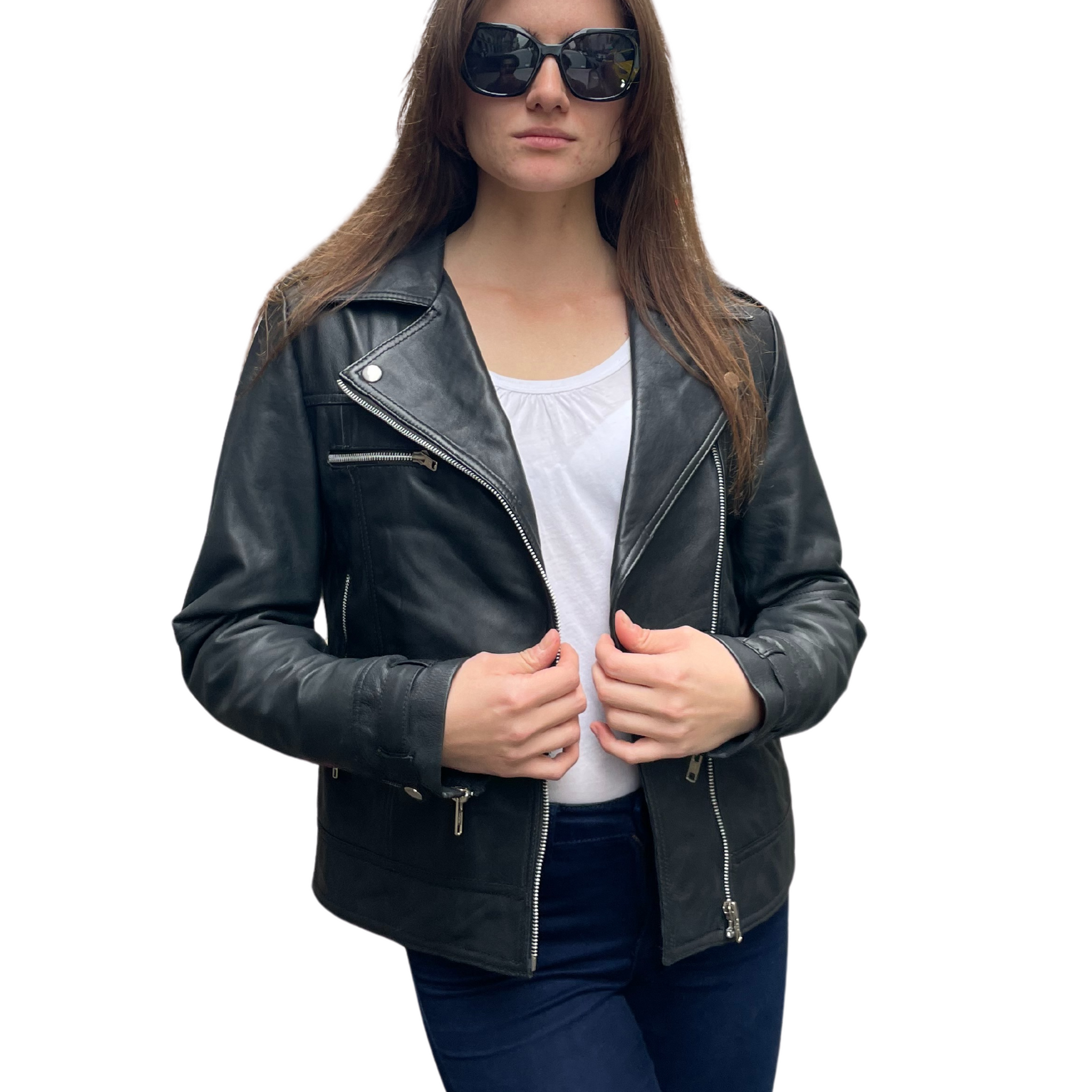 Biker Sheepskin Leather Jacket in Black for Women