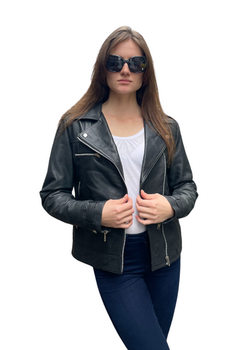 Biker-Lammfell-Lederjacke in Schwarz für Damen