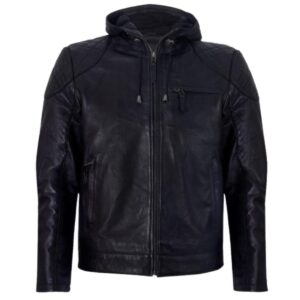 Men BlackLeather Hooded Bomber Jacket