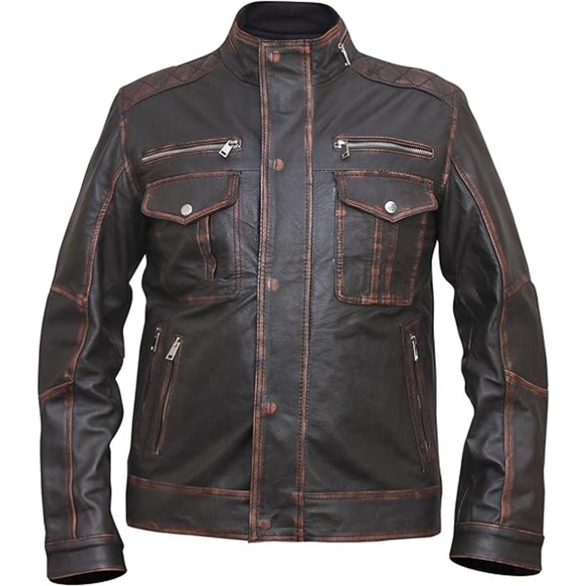 Mens Dark Brown Distressed Six Pocket Vintage Leather Jacket