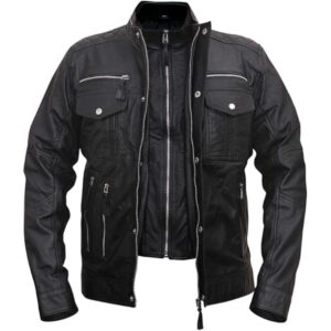 Men Cafe Racer Sheepskin Leather Jacket in Black