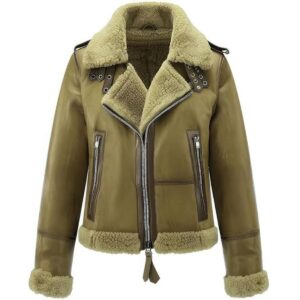Women’s Olive Green Real Sheepskin Suede Premium Faux Fur Lined Aviator Jacket