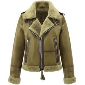 Women’s Olive Green Real Sheepskin Suede Premium Faux Fur Lined Aviator Jacket