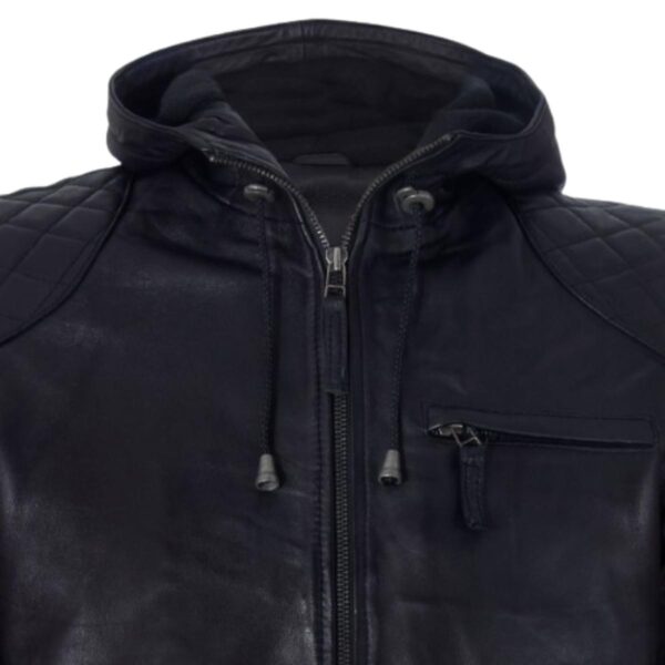 Men BlackLeather Hooded Bomber Jacket - Image 5