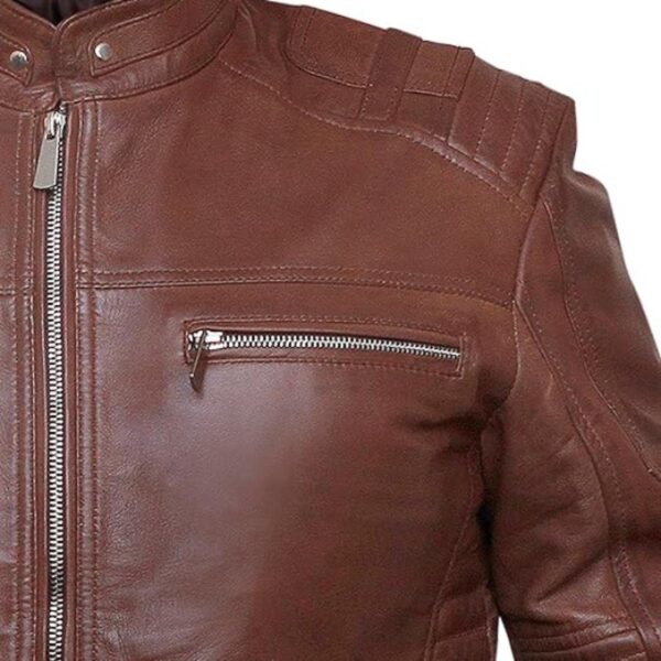 Men Dark Brown Cafe Racer Leather Jacket - Image 5