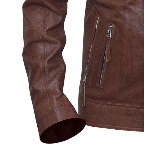 Men Cafe Racer Sheepskin Leather Brown Jacket - Image 6