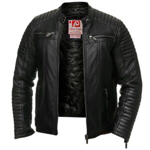 Men Vintage Retro Biker Genuine Leather Jacket in Black