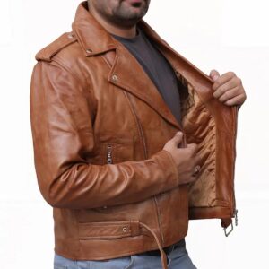 Men Slim Fit Cross Zip Sheepskin Leather Jacket in Brown