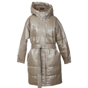 Aurora Belted Leather Puffer Long Coat