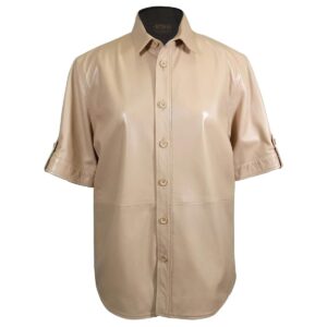 Women Short Sleeve Sheepskin Leather Shirt Jacket White