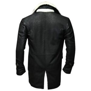 Men Black Sheepskin Leather Overcoat with White Interior Fur