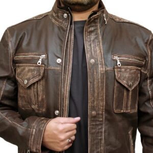 Men Biker Cafe Moto Racer Brown Genuine Leather Jacket