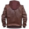 Men Distressed Leather Brown Bomber Hooded Jacket - Image 2
