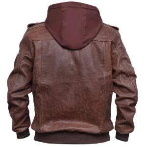 Men Distressed Leather Brown Bomber Hooded Jacket