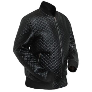 Men Diamond Quilted Black Motorcycle Bomber Jacket