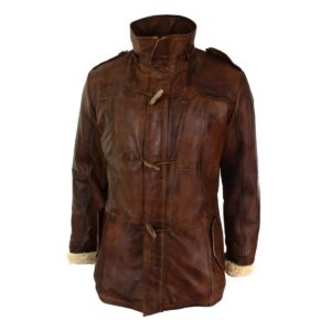 Men Brown Leather Hooded Overcoat