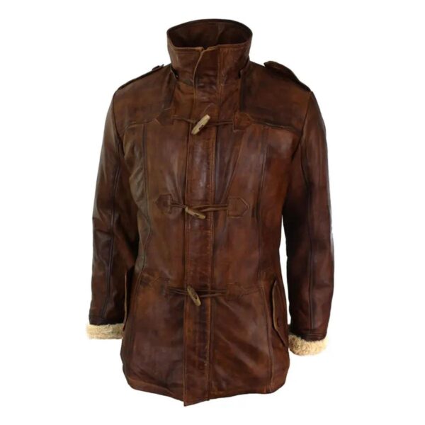 Men Brown Leather Hooded Overcoat - Image 2