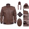 Men Distressed Leather Brown Bomber Hooded Jacket - Image 3