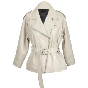 Women Cleo White Biker Sheepskin Leather Jacket