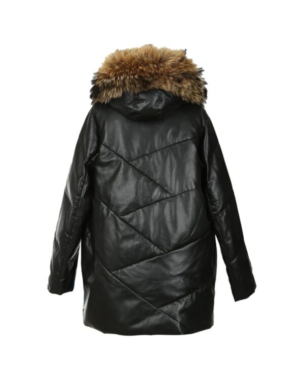 Women's Detachable Hood Real Fur Sheepskin Leather Puffer Coat - Image 2