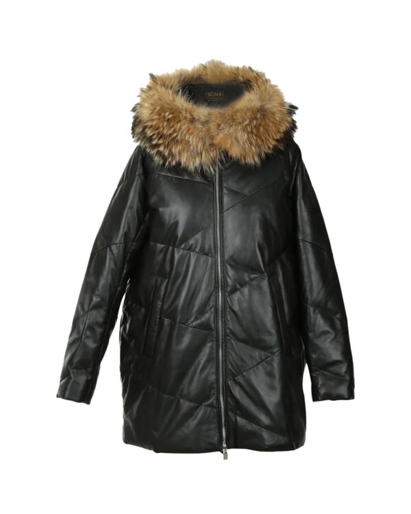 Women's Detachable Hood Real Fur Sheepskin Leather Puffer Coat