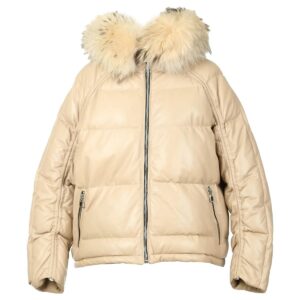 Women Detachable Hood Premium Faux Fur Sheepskin Leather Puffer Jacket
