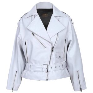 Women Classic Moto Biker Sheepskin Leather Jacket White