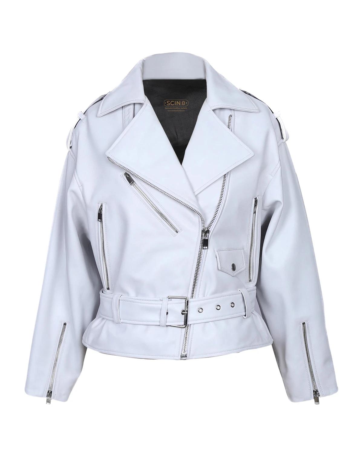 Women’s Classic Moto Biker Sheepskin Leather Jacket White