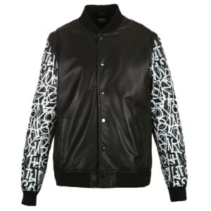 Men Varsity Sheepskin Leather Jacket Black