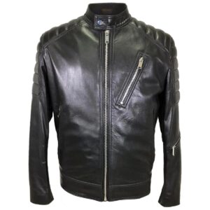 Men Band Collar Biker Sheepskin Leather Jacket Black