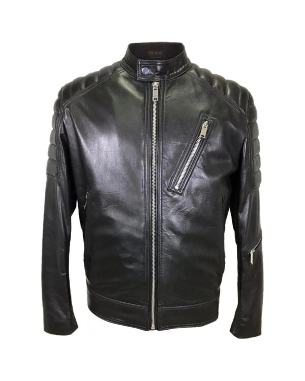 Men's Band Collar Biker Sheepskin Leather Jacket Black