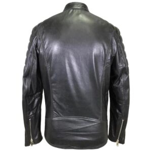 Men Band Collar Biker Sheepskin Leather Jacket Black