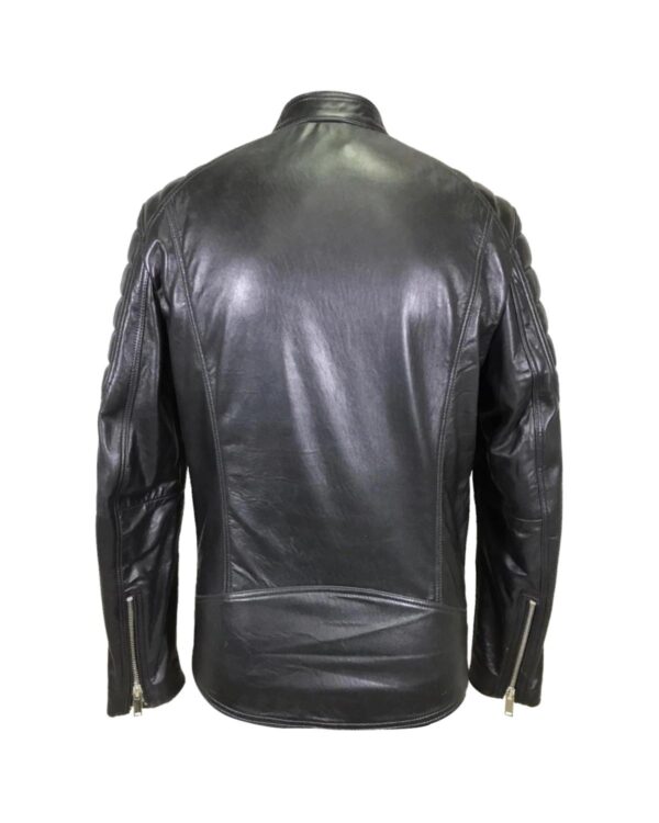 Men's Band Collar Biker Sheepskin Leather Jacket Black - Image 2