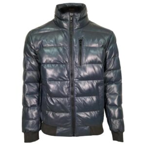 Men Puffer Sheepskin Bomber Leather Jacket Navy Blue