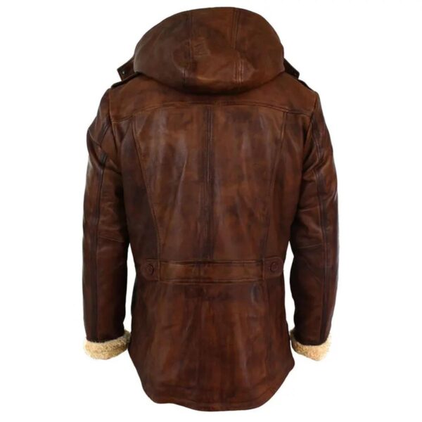 Men Brown Leather Hooded Overcoat - Image 3