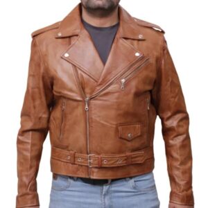Men Slim Fit Cross Zip Sheepskin Leather Jacket in Brown
