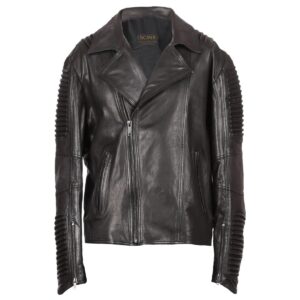 Men Padded Shoulder Biker Sheepskin Leather Jacket Black