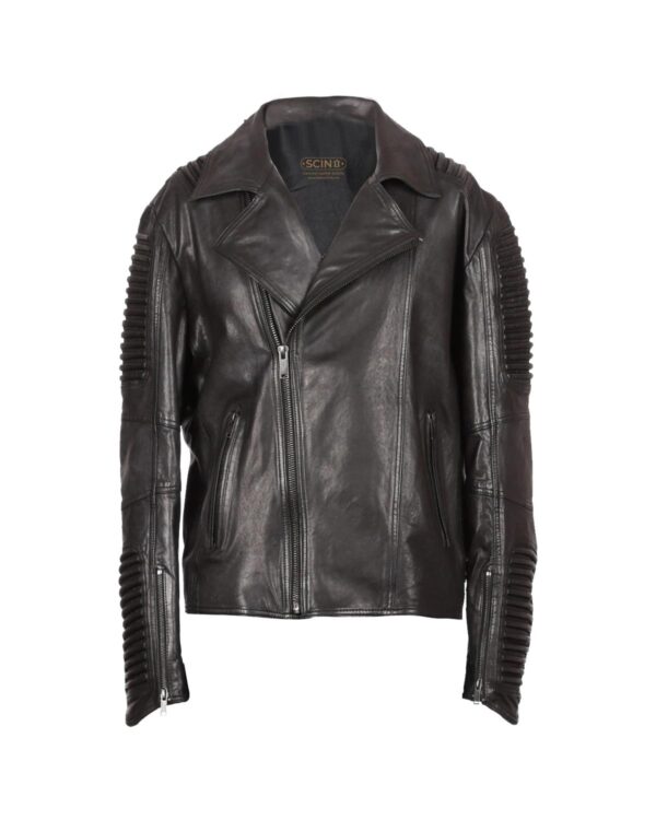 Men's Padded Shoulder Biker Sheepskin Leather Jacket Black