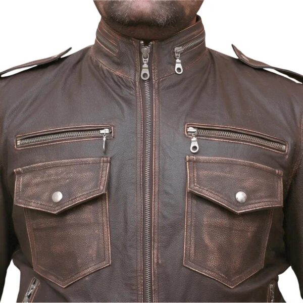 Men Brown Biker Sheepskin Leather Jacket - Image 6