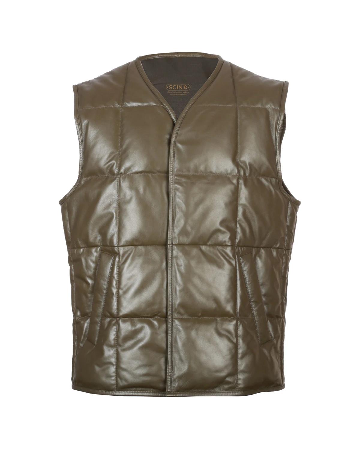 Men’s Quilted Leather Puffer Vest Brown