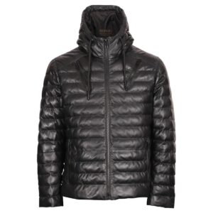 Men Sheepskin Hooded Puffer Leather Jacket Black