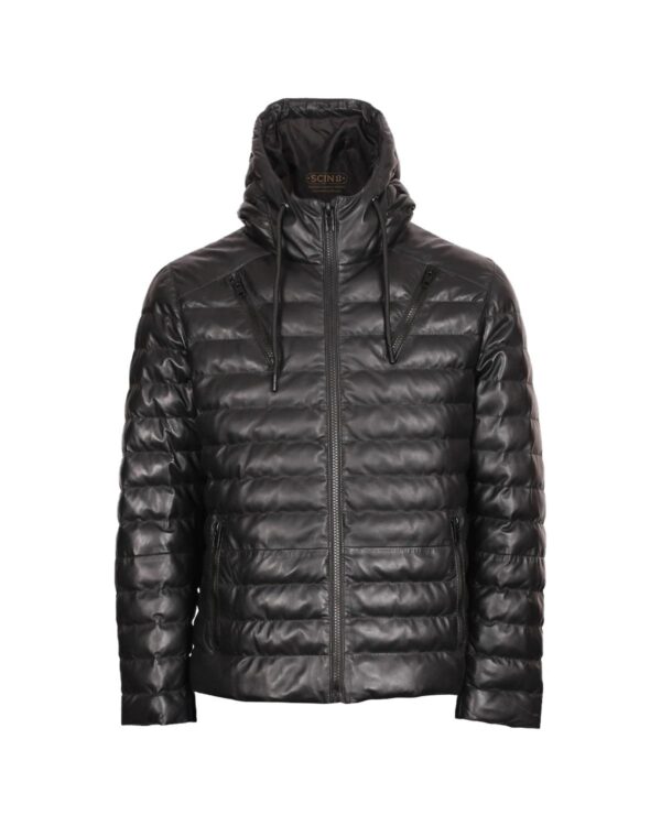 Men's Sheepskin Hooded Puffer Leather Jacket Black