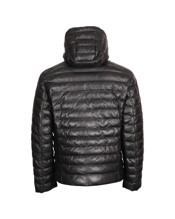 Men's Sheepskin Hooded Puffer Leather Jacket Black - Image 3