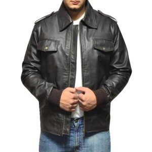Men Black Classic Bomber Genuine Leather Jacket