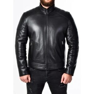Men Padded Black Leather Biker Jacket