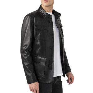 Men Flap Pockets Black Leather Jacket