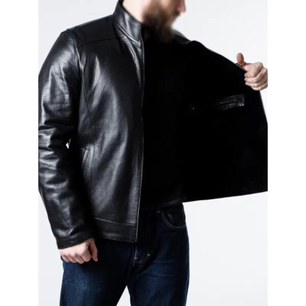 Men Sheepskin Black Leather Biker Jacket - Image 5