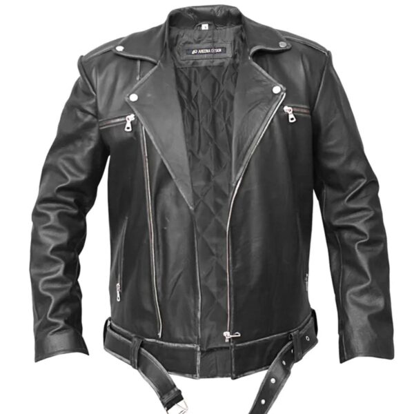 Men Asymmetrical Zipper Biker Leather Jacket - Image 6