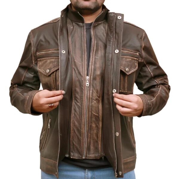 Men Biker Cafe Moto Racer Brown Genuine Leather Jacket - Image 8