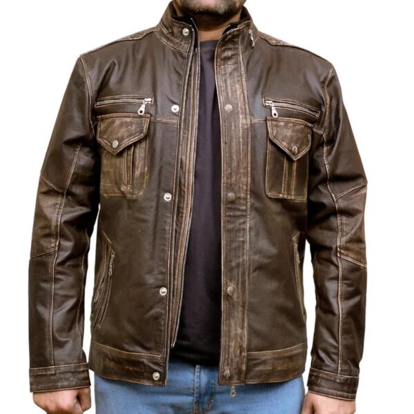 Men Biker Cafe Moto Racer Brown Genuine Leather Jacket - Image 9